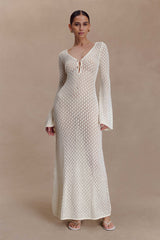 Kayleigh Crochet Fishtail Flare Sleeve Maxi Dress - White