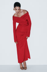 Therese Off Shoulder Ruched Maxi Dress - Red