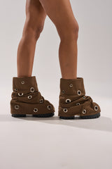 AKIRA GOLD FABLE BROWN GROMMET EMBELLISHED FLAT BOOTIE