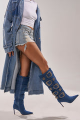 AKIRA GOLD FALLON DENIM BUCKLE EMBELLISHED STILETTO BOOT