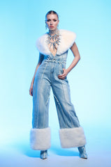 TALK THAT TALK DENIM FUR JUMPSUIT
