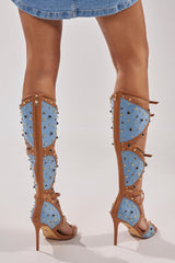AKIRA GOLD LULANA DENIM METAL STUDDED GLADIATOR STILETTO SANDAL