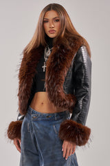 LUNNA FUR TRIM MOTO IN BLACK CROC