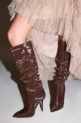 AZALEA WANG MITICA DARK BROWN PATENT RUCHED SEXY BOOT