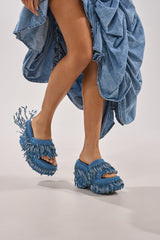 AKIRA GOLD RAMESHA DENIM FRINGE PLATFORM SANDAL