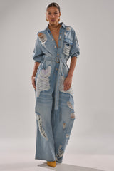 NOT TODAY EXTREME OVERSIZED DISTRESSED DENIM JUMPSUIT