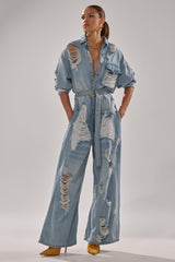 NOT TODAY EXTREME OVERSIZED DISTRESSED DENIM JUMPSUIT