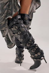 AKIRA GOLD XERXES BLACK STILETTO METAL EMBELLISHED BOOT