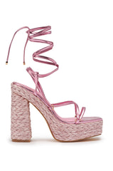 AKIRA GOLD ZAIDEE PINK PLATFORM RAFFIA LACE UP SANDAL