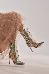 AKIRA GOLD ZOLA MULTI FLORAL STILETTO BOOTIE