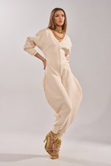 COMFY COZY SWEATSHIRT JUMPSUIT IN BONE