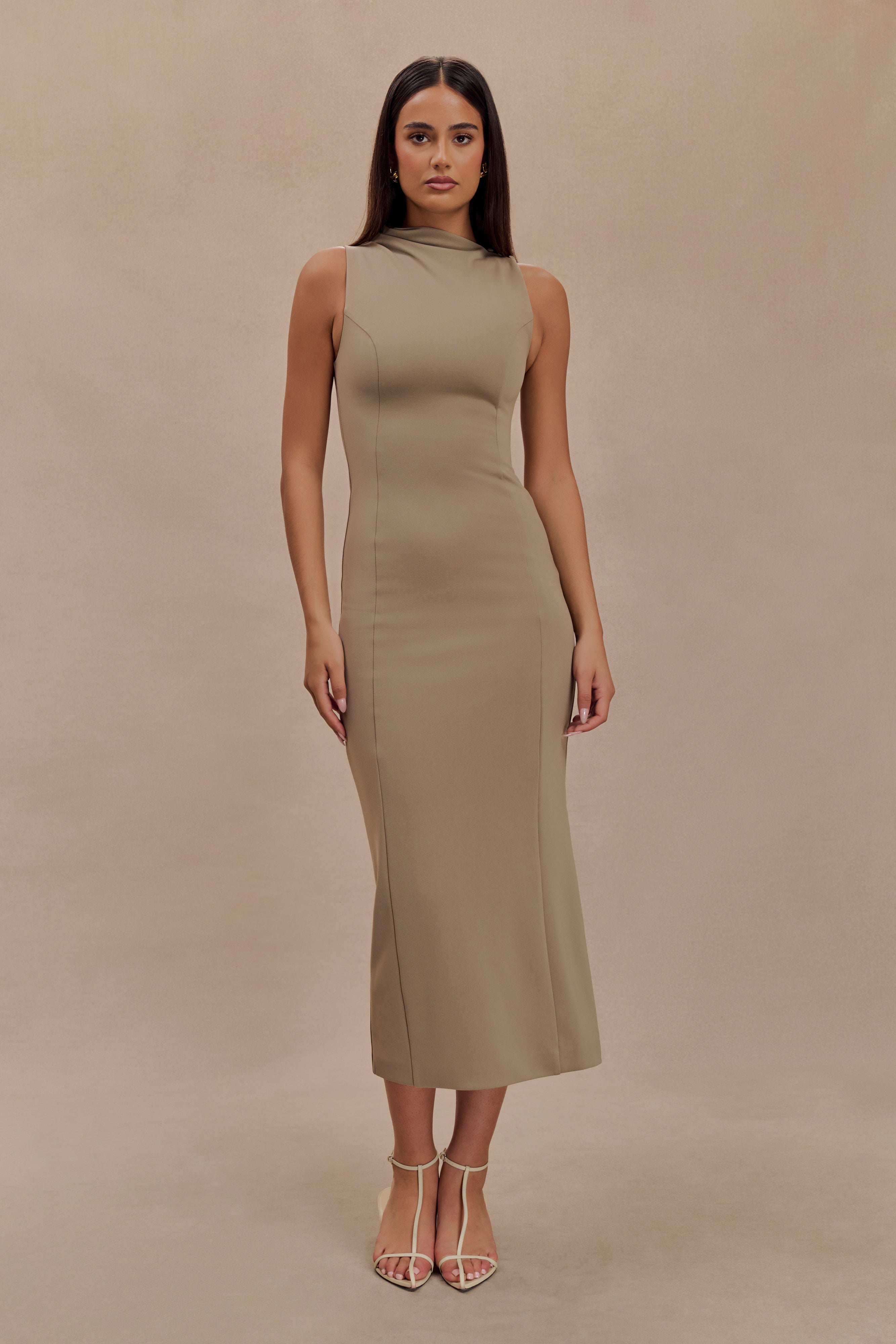 Taylor Draped Stretch Crepe Midi Dress - Mushroom
