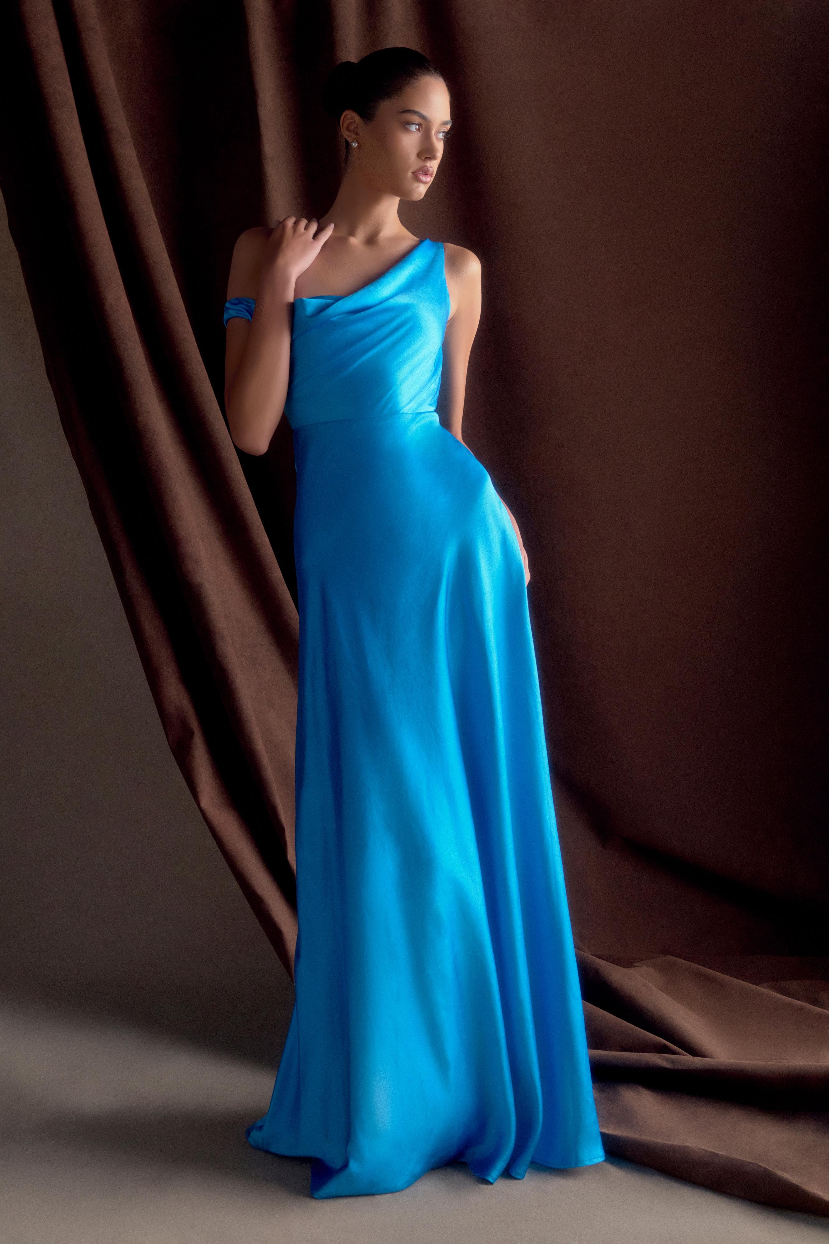 Jacinta One Shoulder Maxi Dress - Cyan Blue