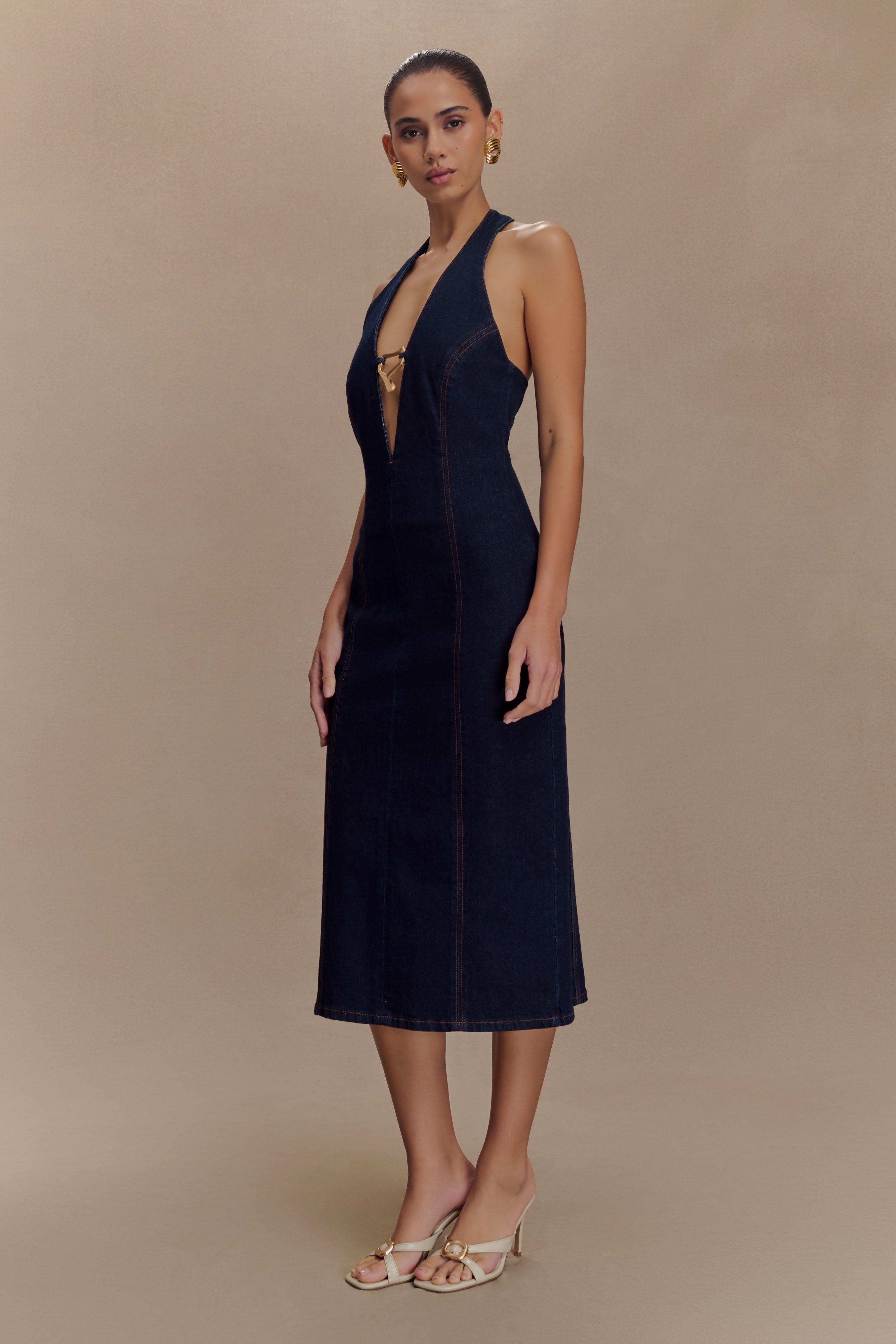 Shauna Denim Halter Midi Dress - Indigo Blue