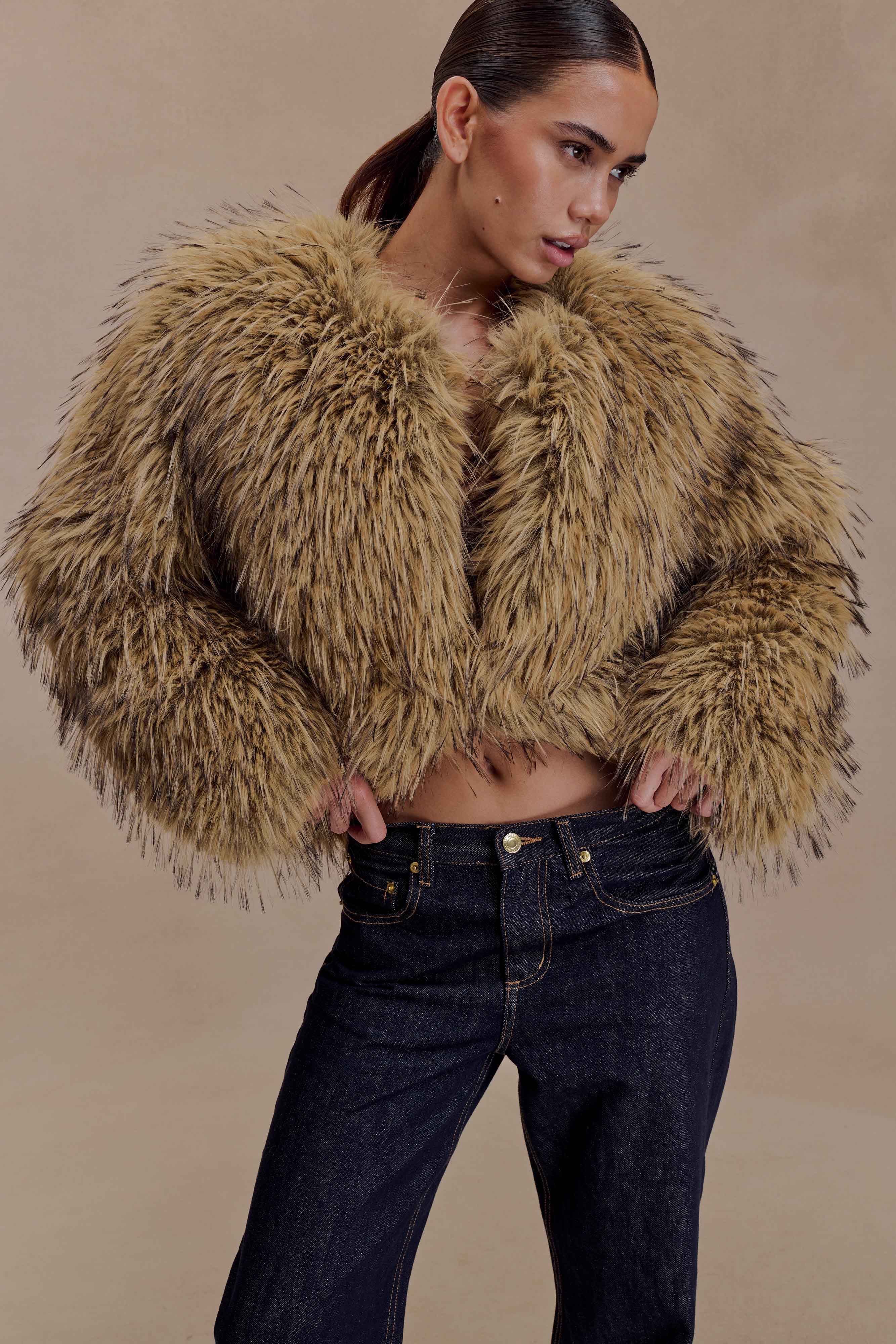 Ottie Mongolian Faux Fur Cropped Jacket - Brown Multi