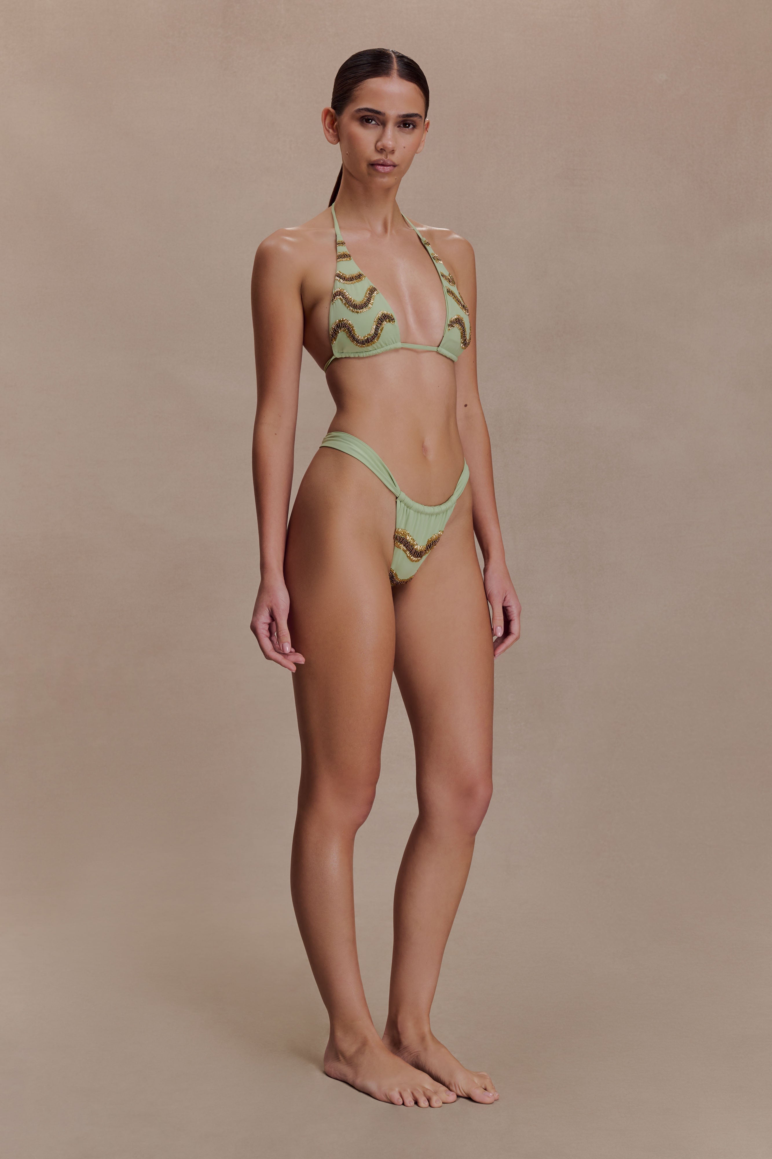 Robyn Beaded Triangle Bikini Top - Sage