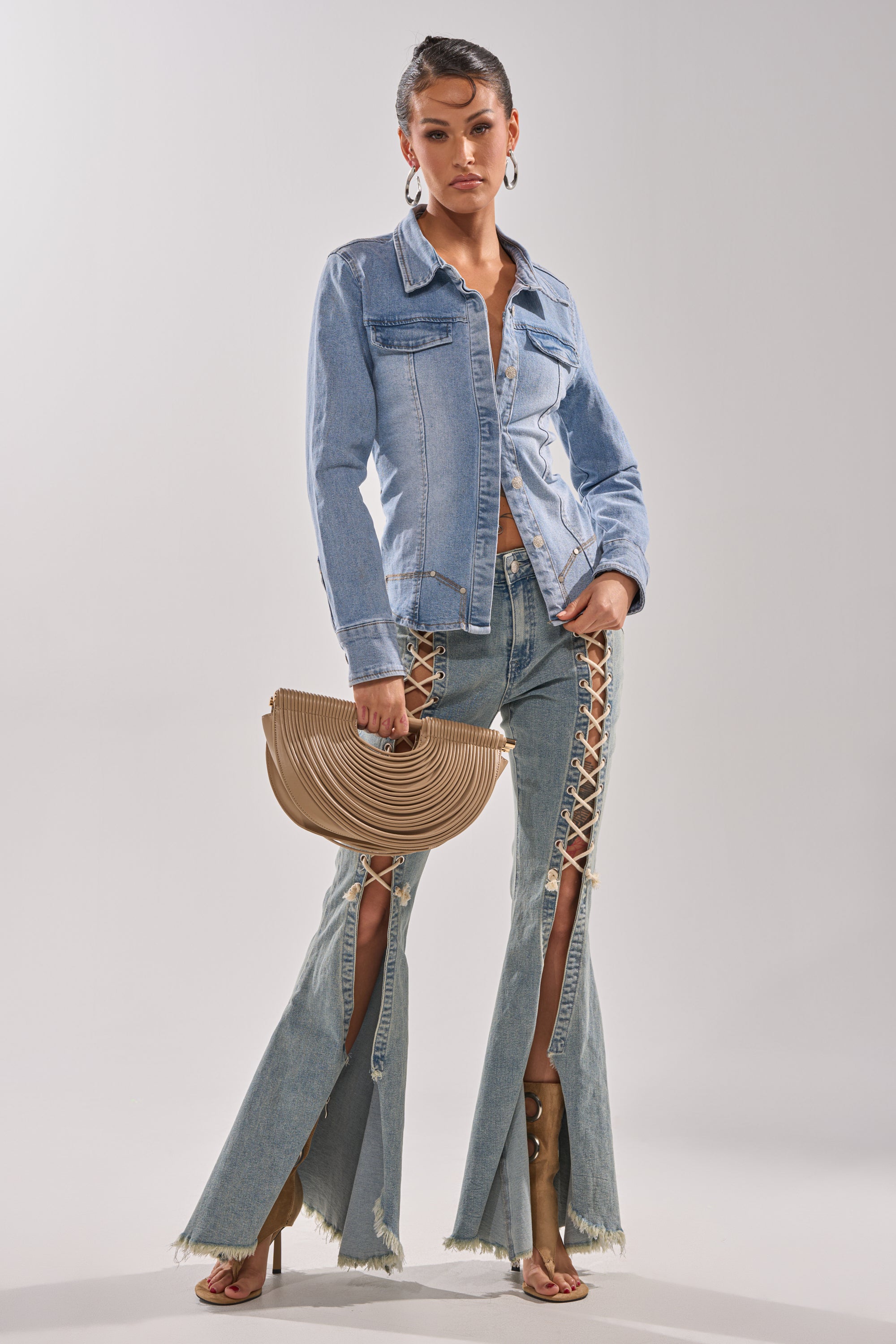 CRAZY ENOUGH LACE UP FLARE DENIM