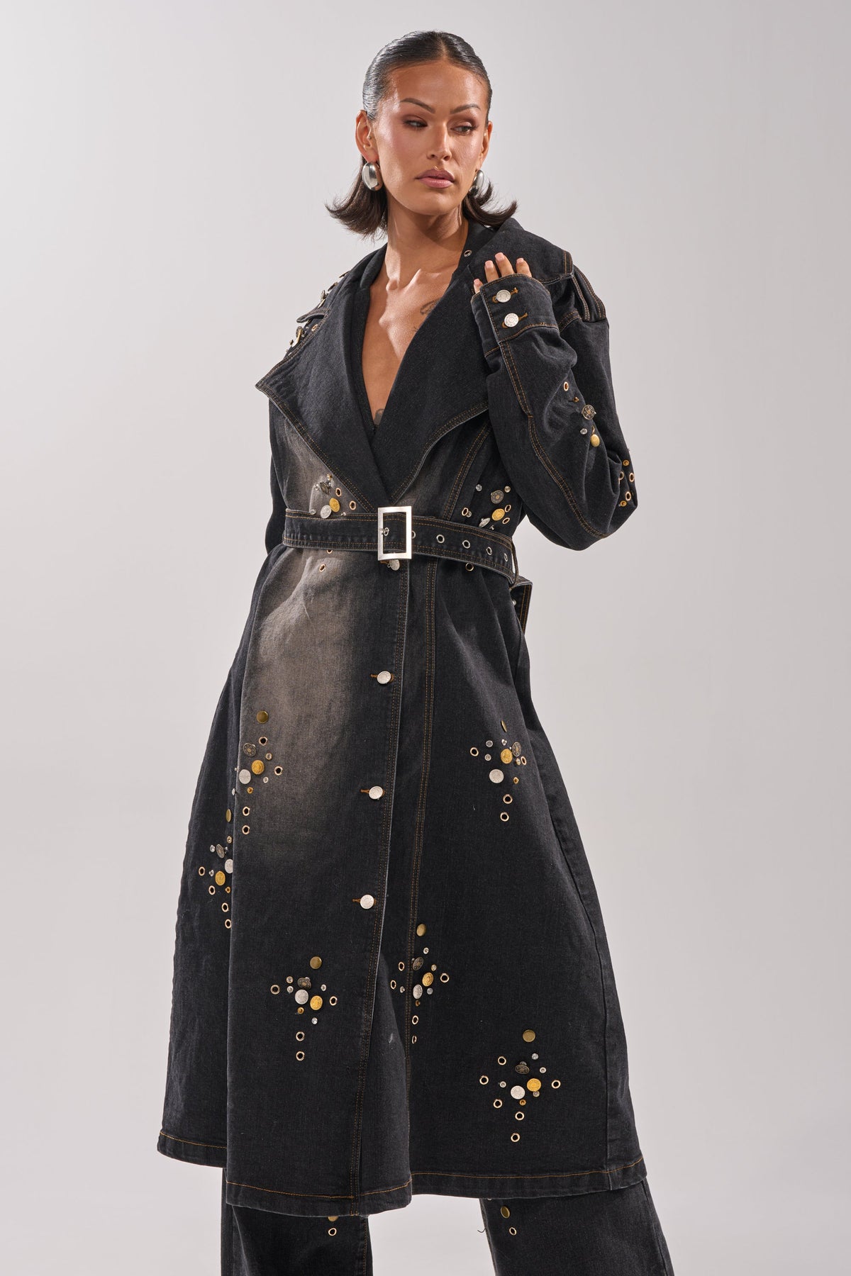 SPACE AND TIME STUDDED DENIM TRENCH