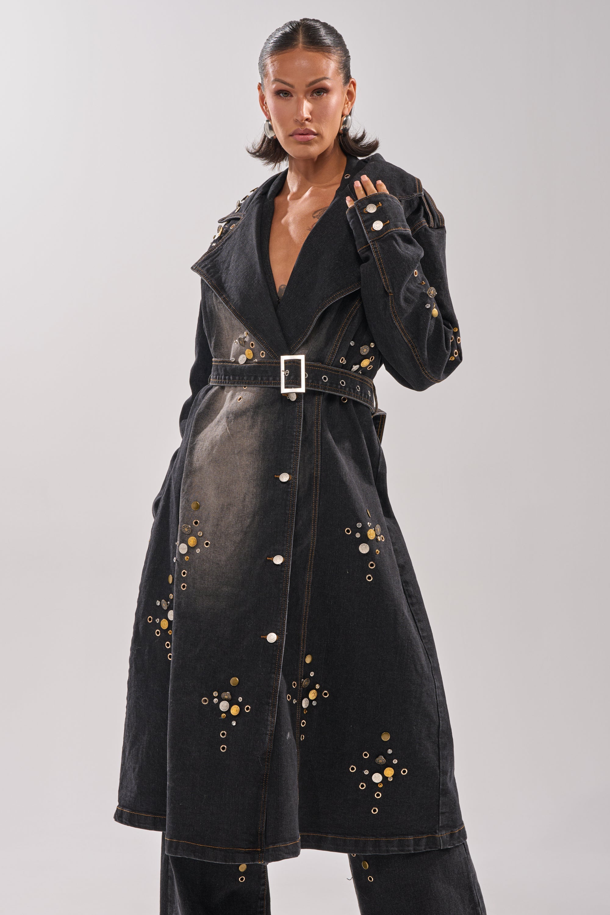 SPACE AND TIME STUDDED DENIM TRENCH