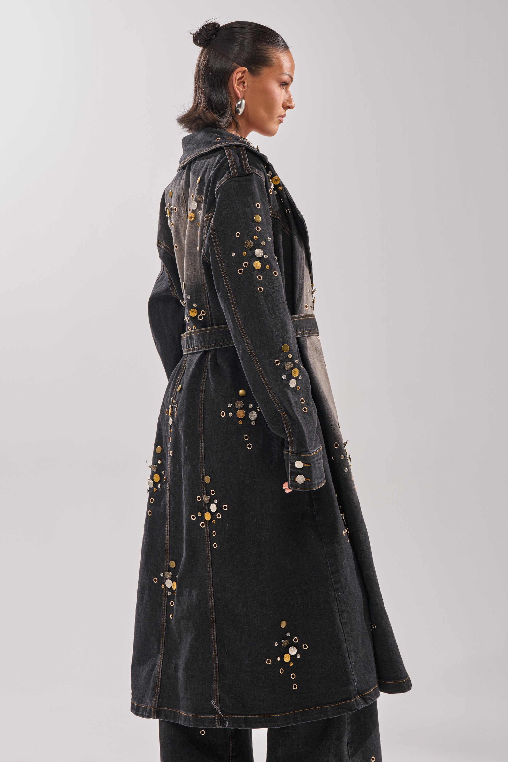 SPACE AND TIME STUDDED DENIM TRENCH