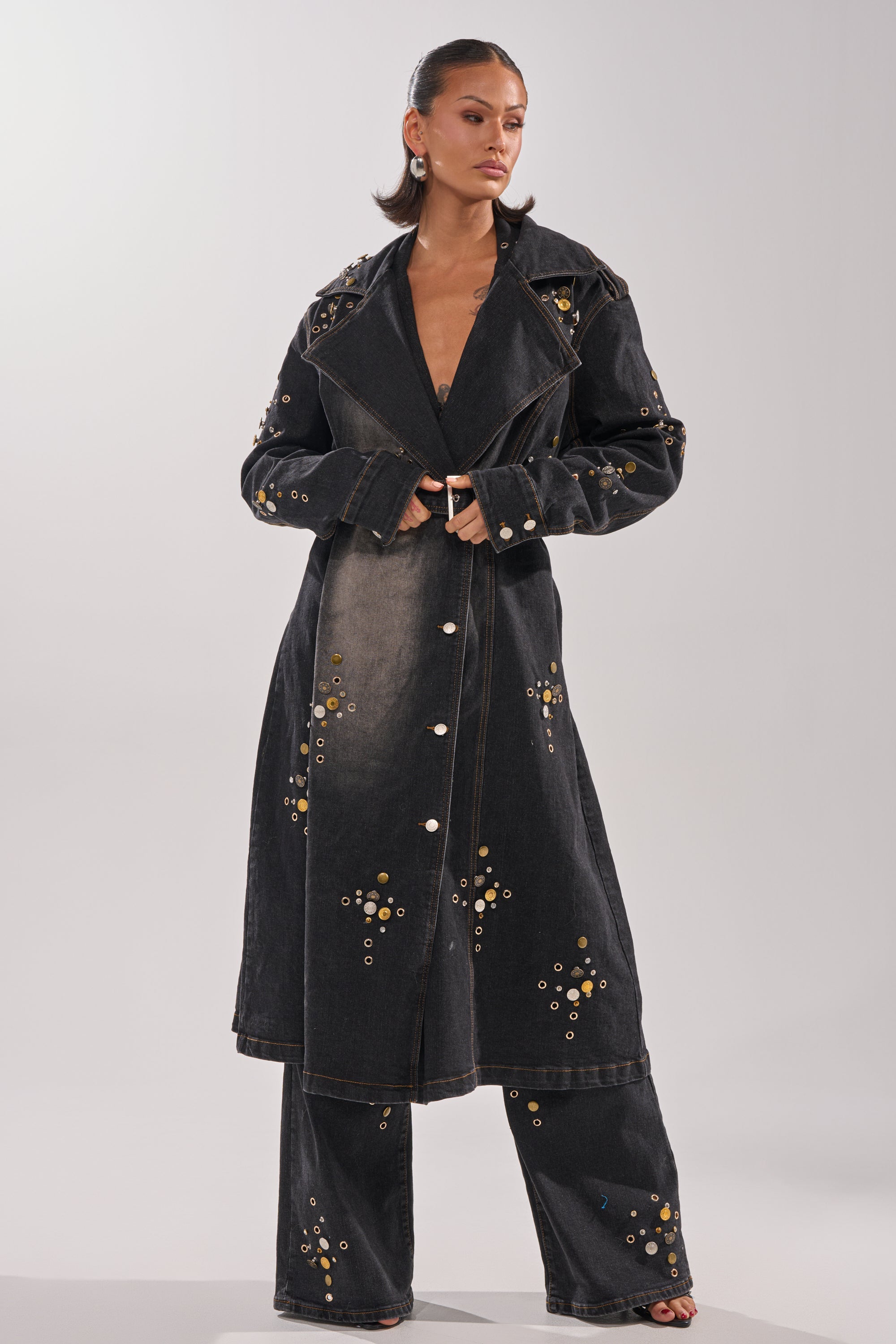 SPACE AND TIME STUDDED DENIM TRENCH