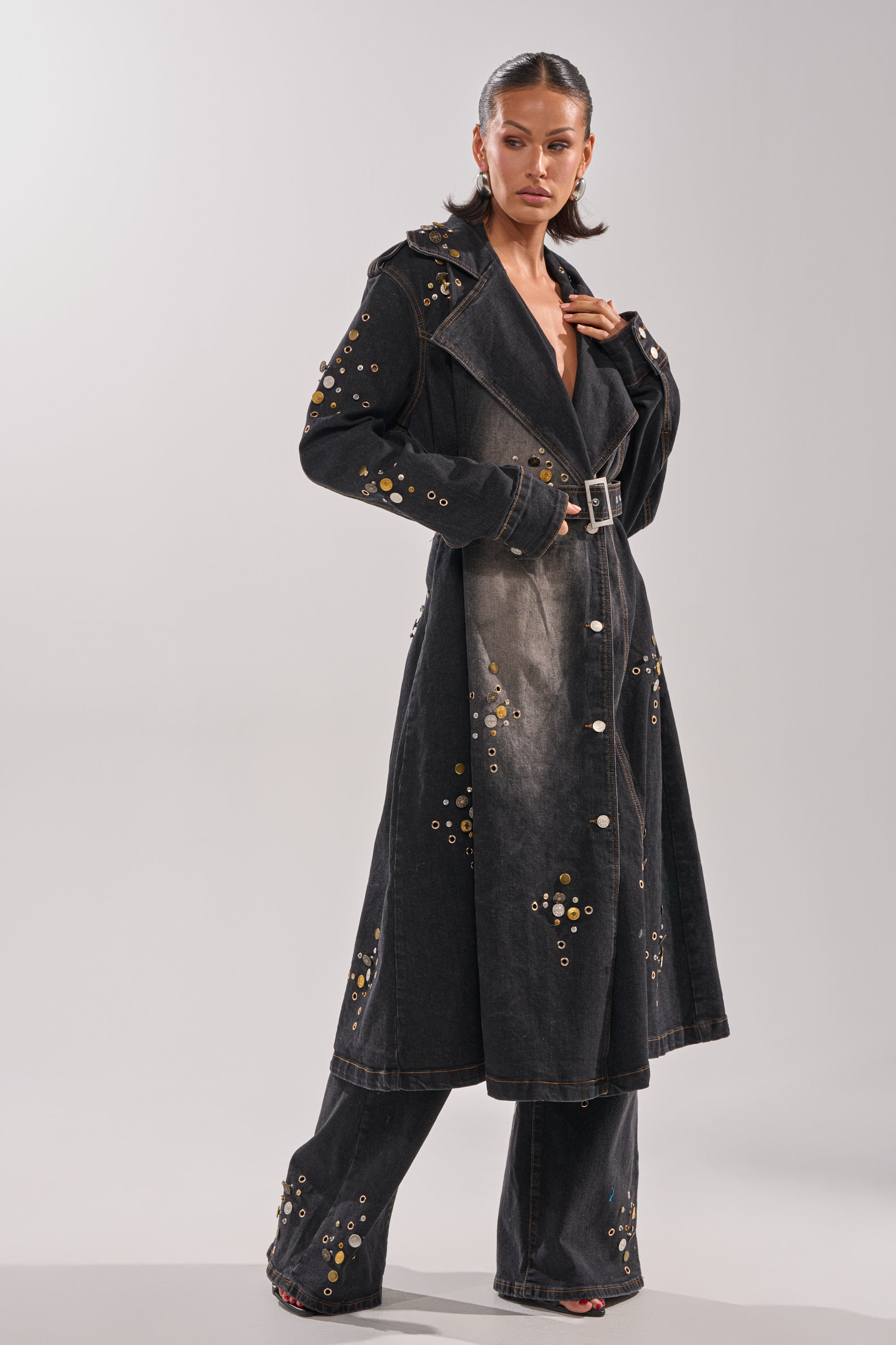 SPACE AND TIME STUDDED DENIM TRENCH