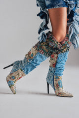 AZALEA WANG AILA DENIM MULTI STUDDED POINTED TOE STILETTO BOOT