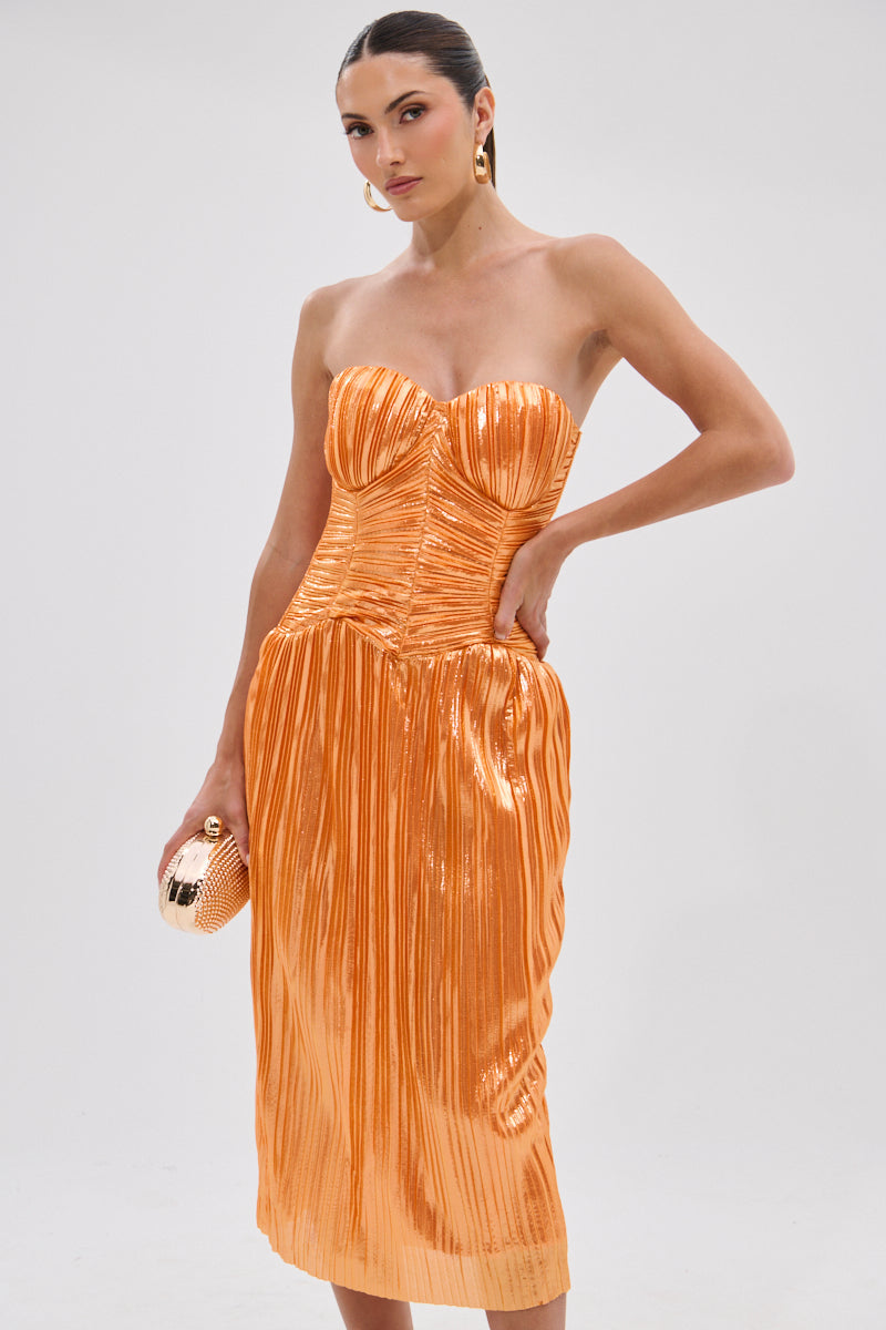 ALL ABOUT ME SATIN BUBBLE MIDI DRESS IN ORANGE