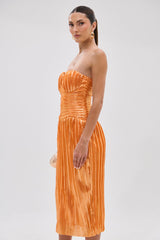 ALL ABOUT ME SATIN BUBBLE MIDI DRESS IN ORANGE