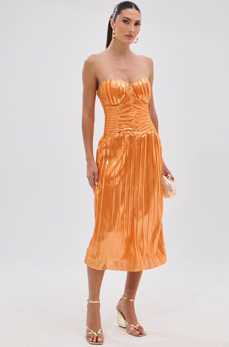 ALL ABOUT ME SATIN BUBBLE MIDI DRESS IN ORANGE