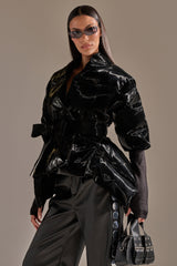 RIB SLEEVE PEPLUM PUFFER IN LIQUID VELVET