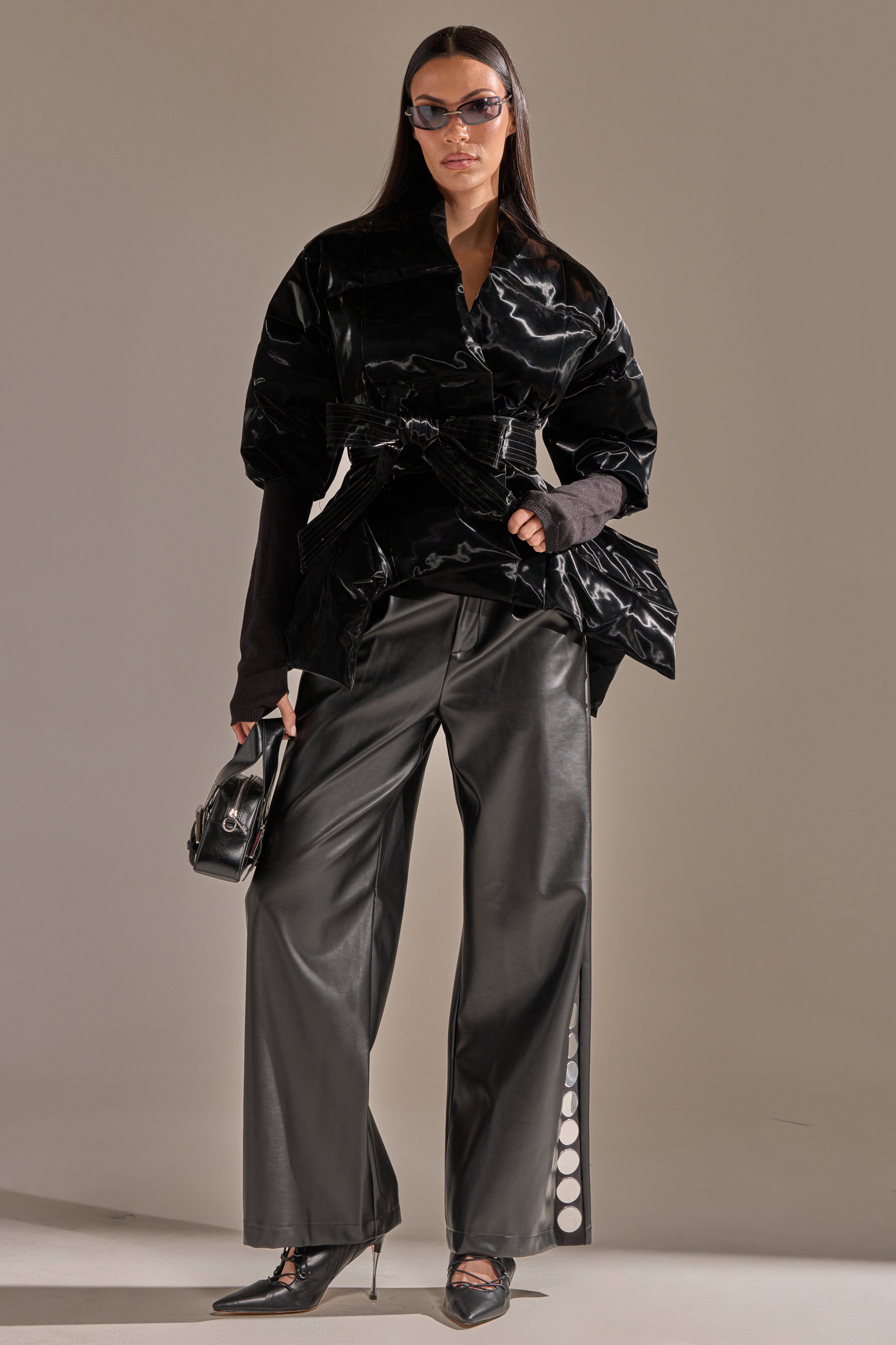 RIB SLEEVE PEPLUM PUFFER IN LIQUID VELVET