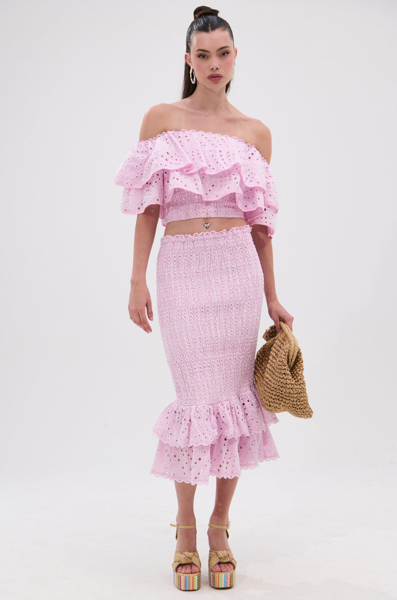 LOLLI EYELET MIDI SKIRT IN PINK
