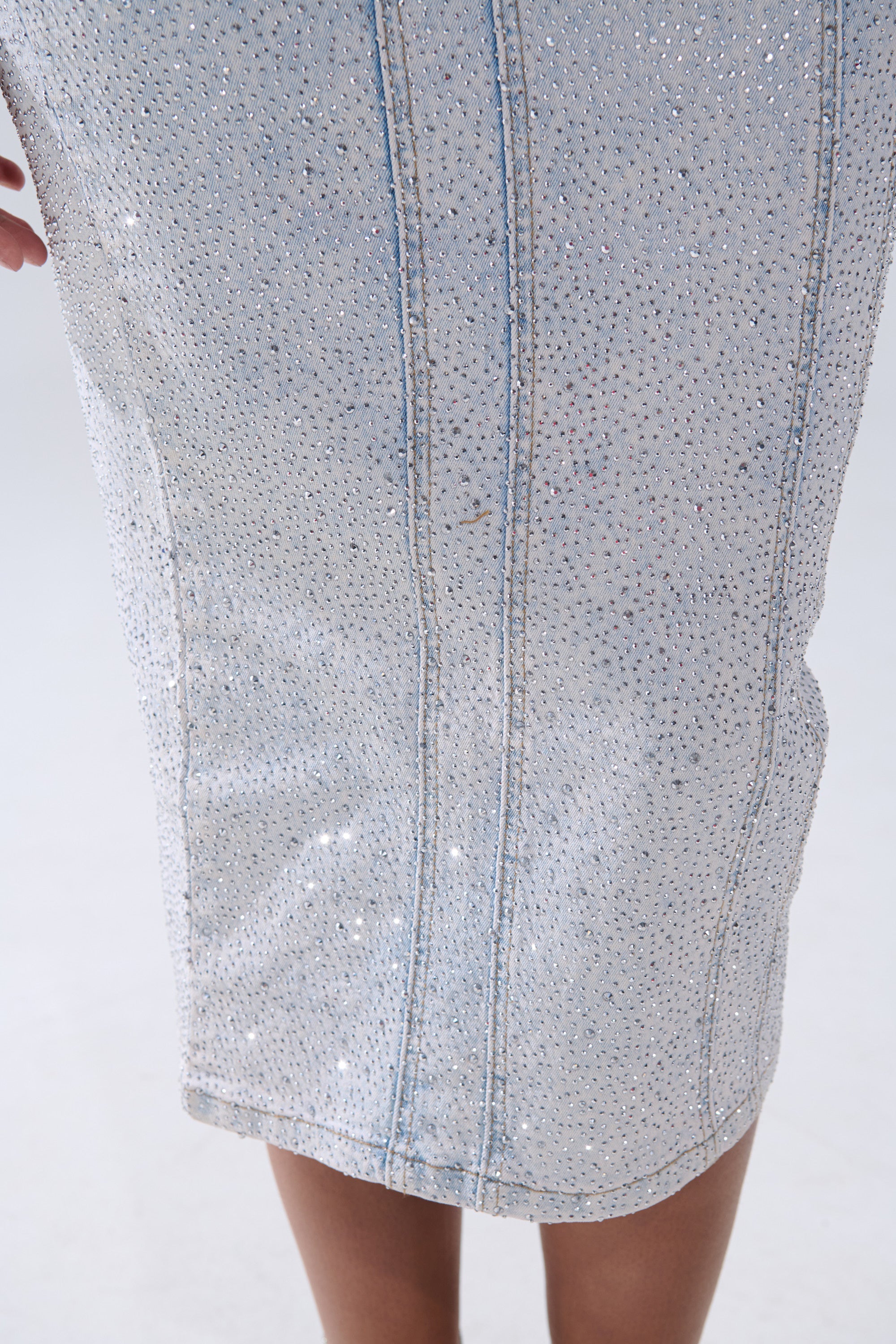 AFTER HOURS DENIM RHINESTONE MIDI DRESS