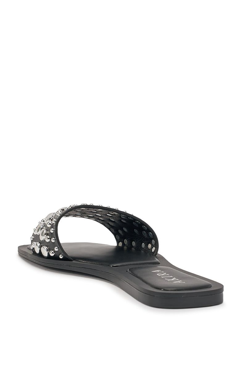 AKIRA DEVORA BLACK HARDWARE EMBELLISHED FLAT SLIP ON SANDAL