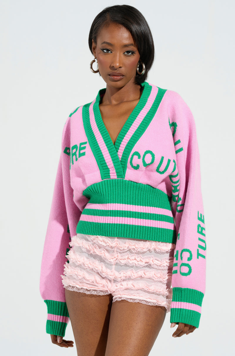 COUTURE DOWN STRIPED V-NECK SWEATER