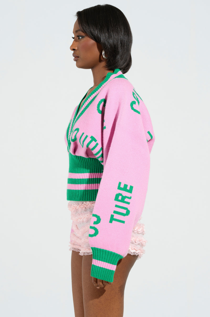 COUTURE DOWN STRIPED V-NECK SWEATER