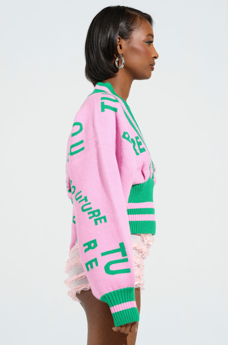 COUTURE DOWN STRIPED V-NECK SWEATER