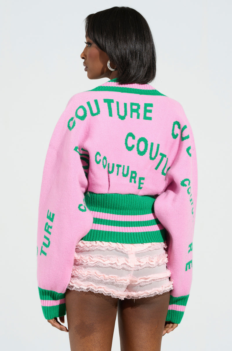 COUTURE DOWN STRIPED V-NECK SWEATER