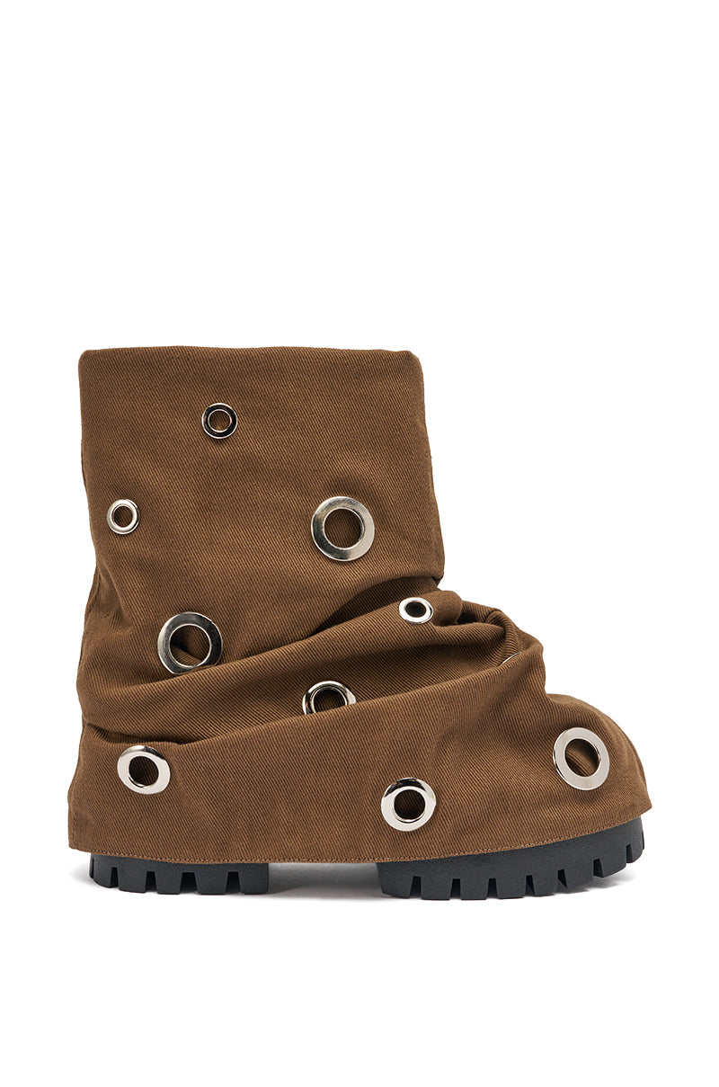 AKIRA GOLD FABLE BROWN GROMMET EMBELLISHED FLAT BOOTIE