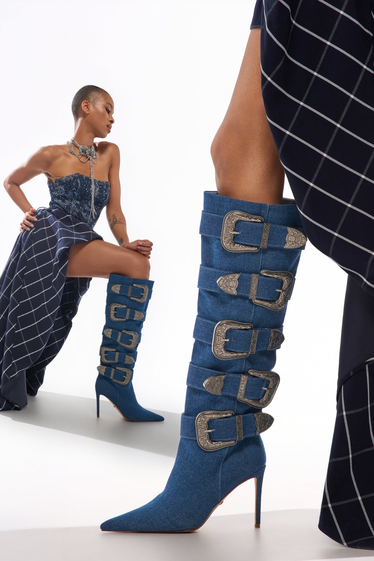 AKIRA GOLD FALLON DENIM BUCKLE EMBELLISHED STILETTO BOOT