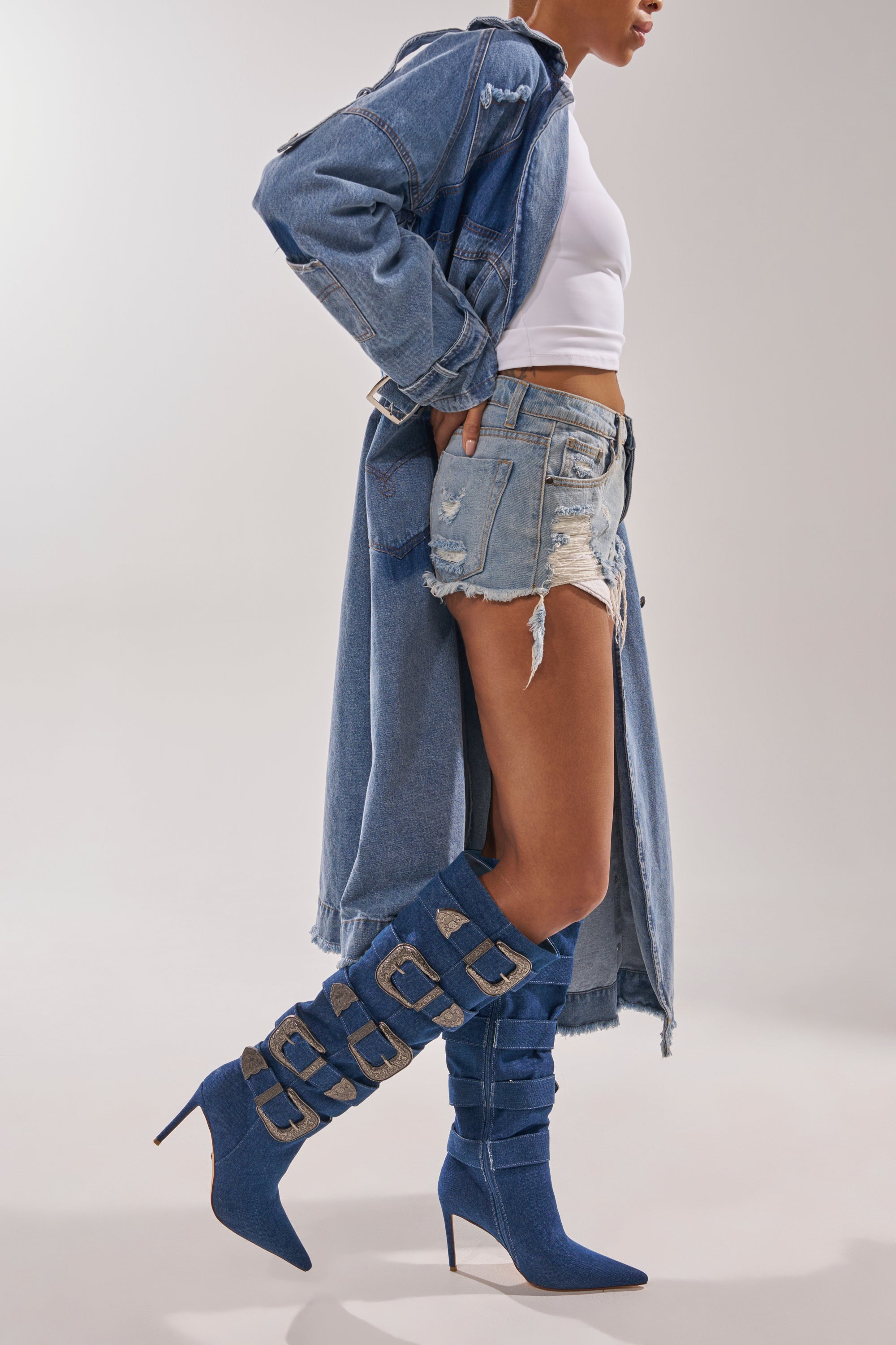 AKIRA GOLD FALLON DENIM BUCKLE EMBELLISHED STILETTO BOOT