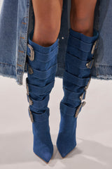 AKIRA GOLD FALLON DENIM BUCKLE EMBELLISHED STILETTO BOOT