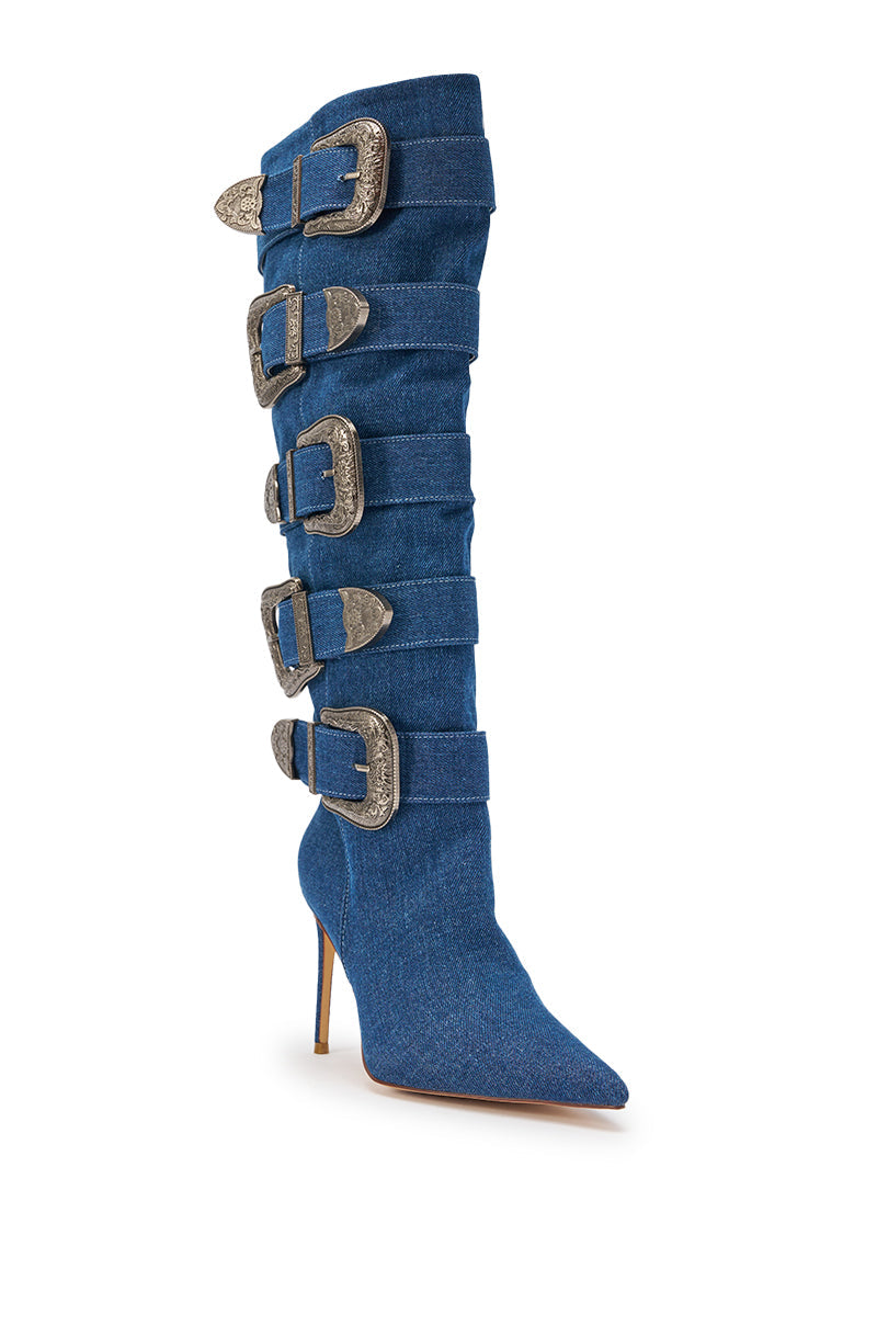 AKIRA GOLD FALLON DENIM BUCKLE EMBELLISHED STILETTO BOOT