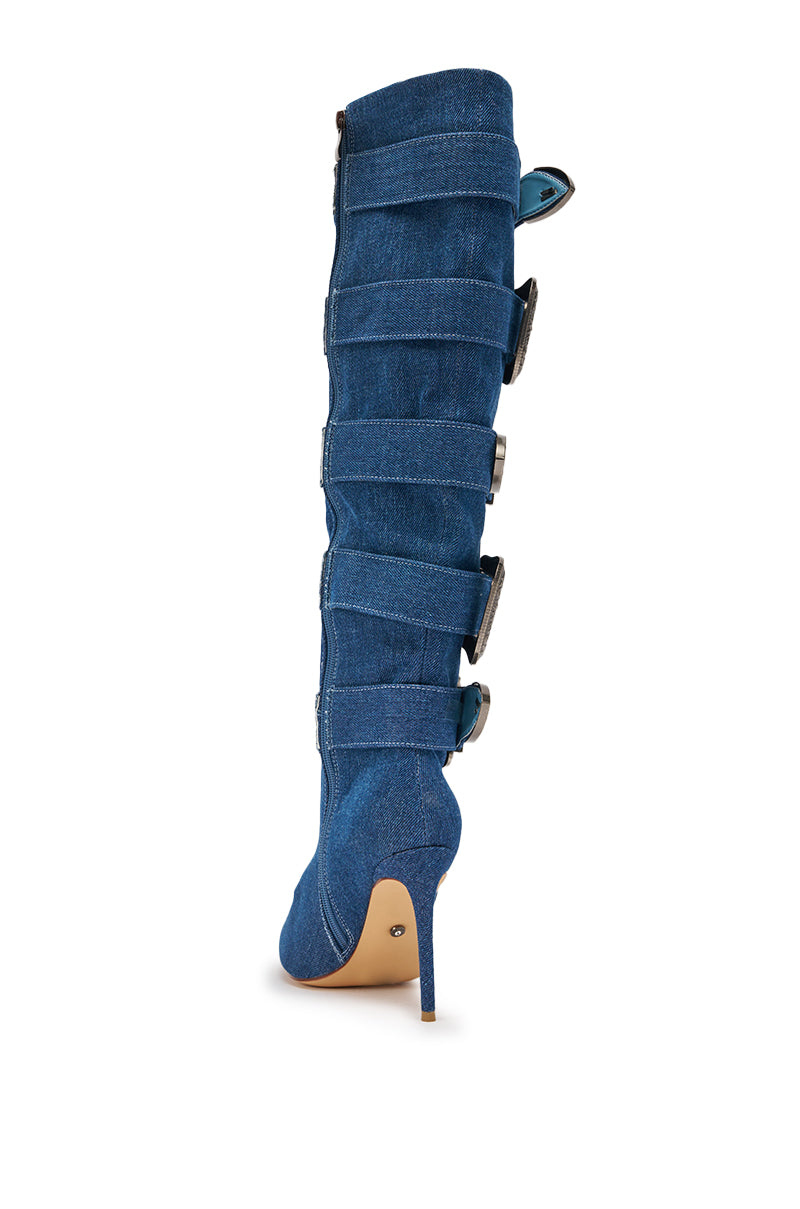 AKIRA GOLD FALLON DENIM BUCKLE EMBELLISHED STILETTO BOOT