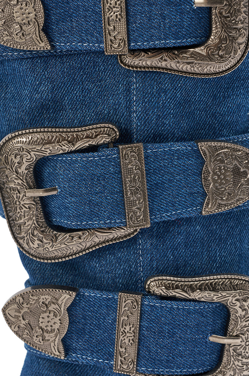 AKIRA GOLD FALLON DENIM BUCKLE EMBELLISHED STILETTO BOOT