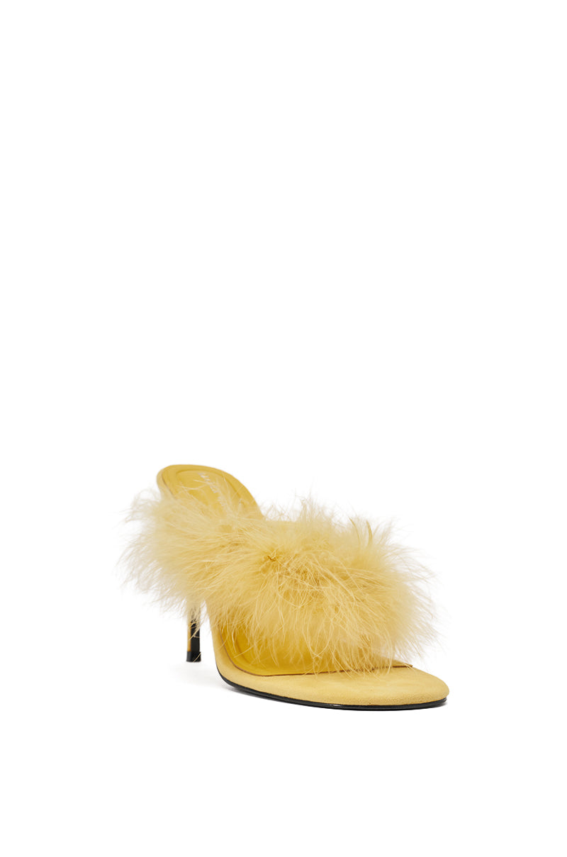 AKIRA FEMINISTA YELLOW FAUX SUEDE YELLOW FUR EMBELLISHED KITTEN HEEL SANDAL