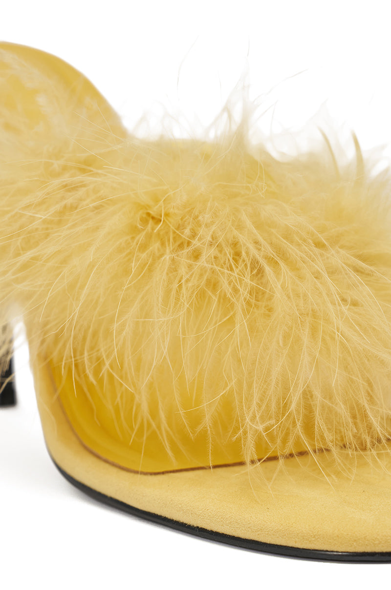 AKIRA FEMINISTA YELLOW FAUX SUEDE YELLOW FUR EMBELLISHED KITTEN HEEL SANDAL