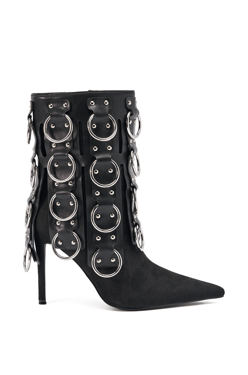 AKIRA GOLD GERANIUM BLACK PIERCING STILETTO BOOTIE