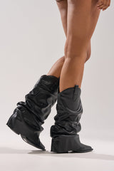 AZALEA WANG HAWKSTON BLACK PU RUCHED WESTERN BOOTIE